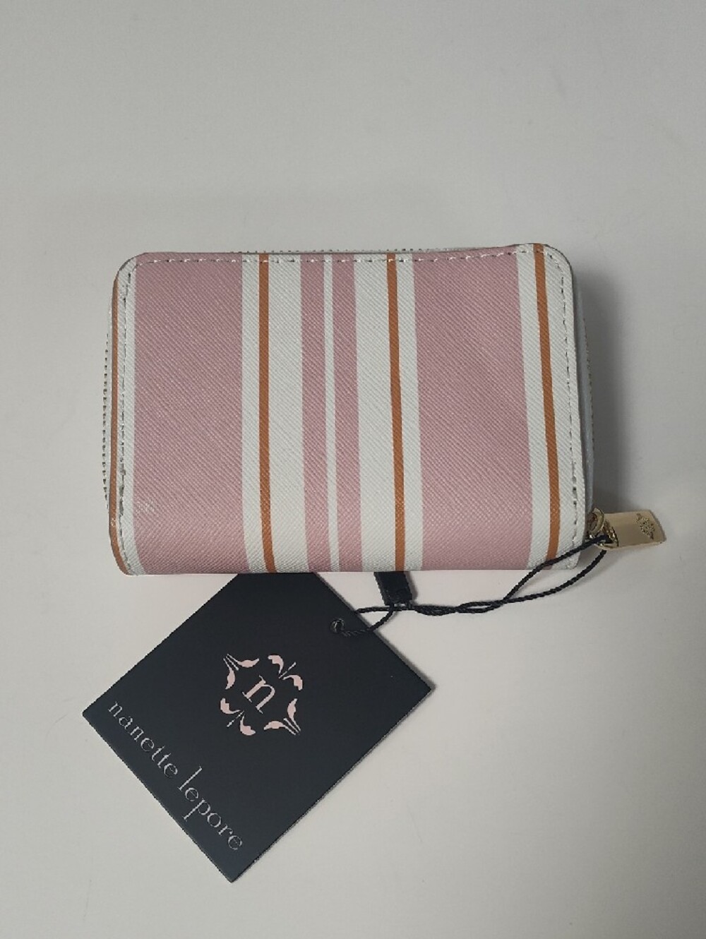 Nanette Lepore Pink and White Striped Zip-Around Wallet with Gold Logo - Picture 2 of 6